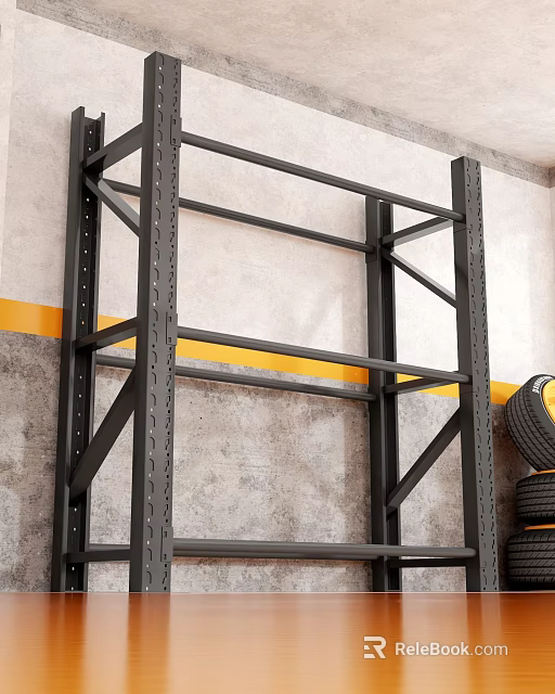 Heavy Duty Black Metal Storage Rack With Multiple Shelves Industrial Wall And Stacked Tires 3d model 