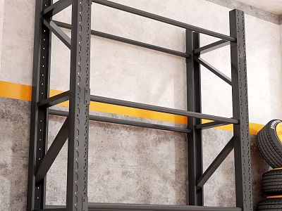 Heavy Duty Black Metal Storage Rack With Multiple Shelves Industrial Wall And Stacked Tires 3d model