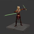 Red Outfit Warrior Character With Headpiece Holding Green Lightsabers Standing On Platform