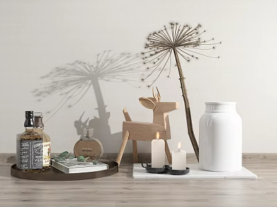 Elegant Ornament Combination With Wooden Deer Tray Candles White Vase And Dandelion Decor For Home Tabletop 3d model