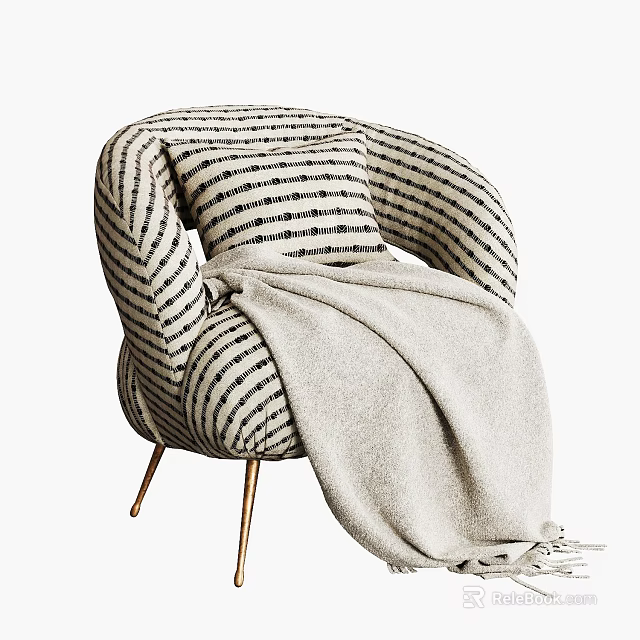 Modern Single Sofa In Striped Fabric With Beige Blanket And Golden Metal Legs 3d model 