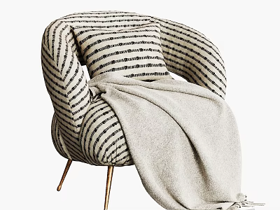 Modern Single Sofa In Striped Fabric With Beige Blanket And Golden Metal Legs 3d model