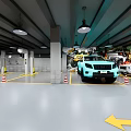 Car 4S Store Showroom with Various Colored Vehicles Arrow Signs And Bright Lighting