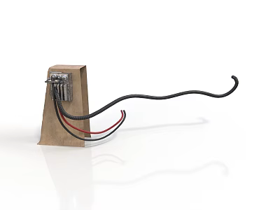 Wooden Base Structure With Black Curved Hook And Red Black Wires 3d model