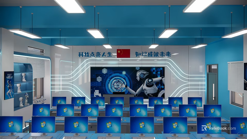 Modern School Tech Classroom With Robot Graphics And Student Computers Learning Space 3d model 