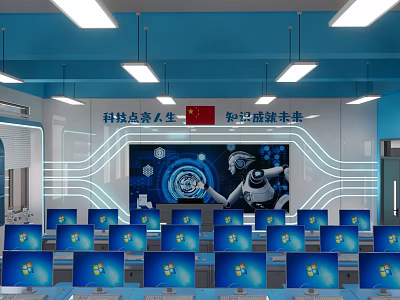 Modern School Tech Classroom With Robot Graphics And Student Computers Learning Space 3d model