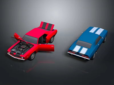 Red And Blue Classic Cars With Open Doors Hood And White Stripes 3d model