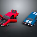 Red And Blue Classic Cars With Open Doors Hood And White Stripes