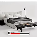 Modern Double Bed With Striped Bedspread Pillows Wooden Bench Nightstands And Table Lamps