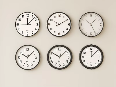 Set of Six Round Wall Clocks with Black Frames White Dials and Different Time Displays 3d model