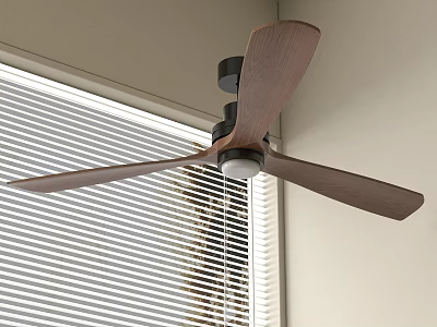 Ceiling Fan With Wooden Blades Mounted Near Window With Blinds 3d model