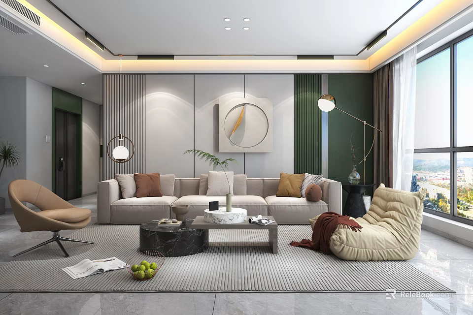 Elegant Modern Living Dining Room With Light Gray Sofa Brown Cushions And Floor Lamp 3d model 