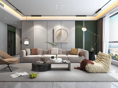 Elegant Modern Living Dining Room With Light Gray Sofa Brown Cushions And Floor Lamp 3d model