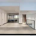 Modern Public Office Space Featuring Long Tables Comfortable Chairs Hanging Lights And Large Windows