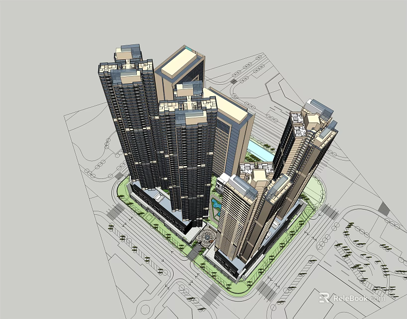 Modern High Rise Residential Complex Architectural Model With Green Area And Road Layout 3d model 