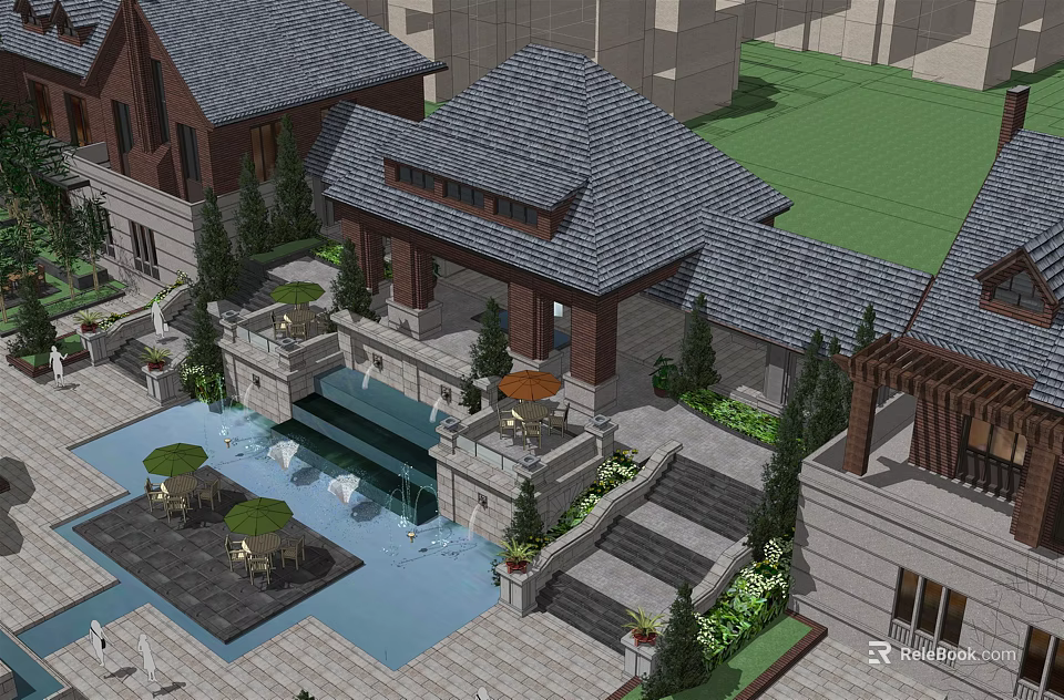 Traditional Chinese Courtyard Entrance Gate With Water Feature Stone Steps And Greenery 3d model 