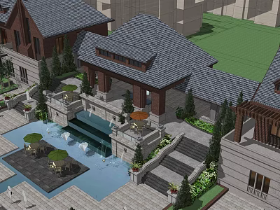 Traditional Chinese Courtyard Entrance Gate With Water Feature Stone Steps And Greenery 3d model
