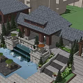 Traditional Chinese Courtyard Entrance Gate With Water Feature Stone Steps And Greenery