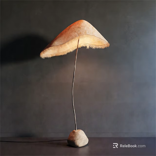 Unique Mushroom Shaped Floor Lamp With Light Brown Natural Fabric Shade And Slim Metal Pole 3d model 