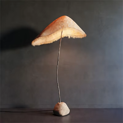 Unique Mushroom Shaped Floor Lamp With Light Brown Natural Fabric Shade And Slim Metal Pole 3d model