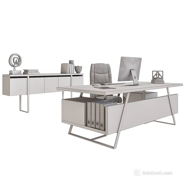 Modern Office Desk With Computer Monitor Keyboard Mouse Ergonomic Chair And Storage Cabinet 3d model 
