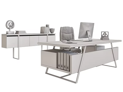 Modern Office Desk With Computer Monitor Keyboard Mouse Ergonomic Chair And Storage Cabinet 3d model