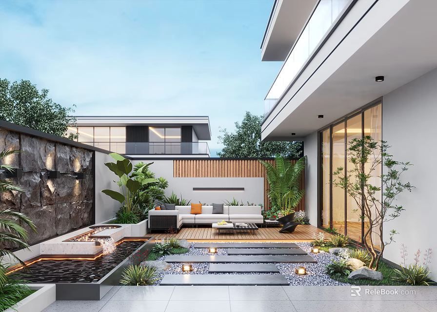 Modern Garden Design With Water Feature Lush Plants Stone Pathway And Seating Area 3d model 