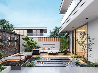 Modern Garden Design With Water Feature Lush Plants Stone Pathway And Seating Area 3d model
