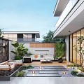 Modern Garden Design With Water Feature Lush Plants Stone Pathway And Seating Area