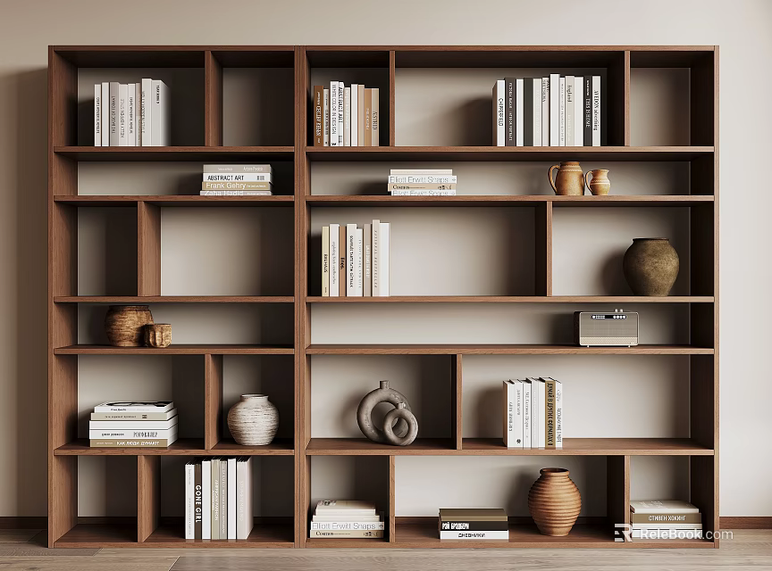 Wooden Storage Shelf with Multiple Compartments Holding Books Vases and Decorative Items 3d model 