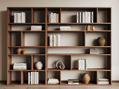 Wooden Storage Shelf with Multiple Compartments Holding Books Vases and Decorative Items 3d model