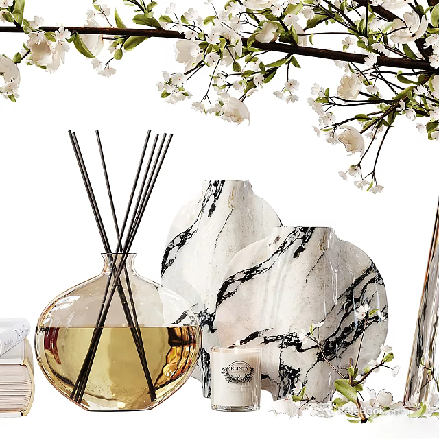 Elegant Marble Textured Ceramic Vases With Reed Diffusers And Decorative Flower Branches 3d model 