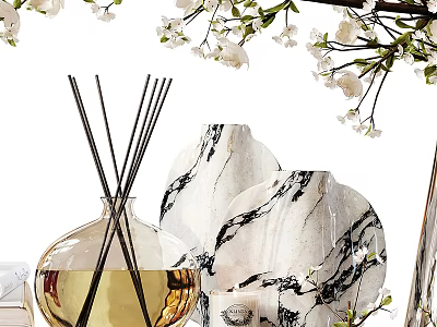 Elegant Marble Textured Ceramic Vases With Reed Diffusers And Decorative Flower Branches 3d model