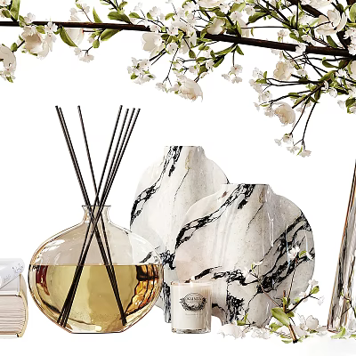 Elegant Marble Textured Ceramic Vases With Reed Diffusers And Decorative Flower Branches 3d model
