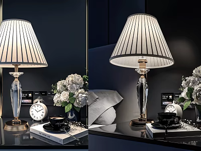 Elegant Table Lamp With Striped Shade Crystal Base White Flowers Coffee Cup And Alarm Clock 3d model