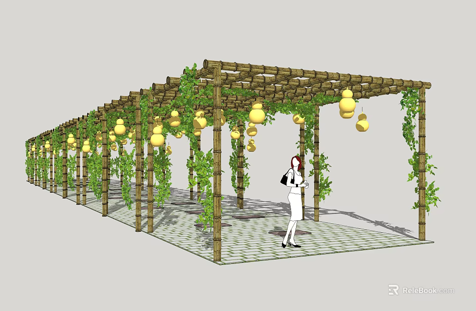 Garden Landscape Design With Wooden Pergola Climbing Vines And Hanging Yellow Gourds 3d model 