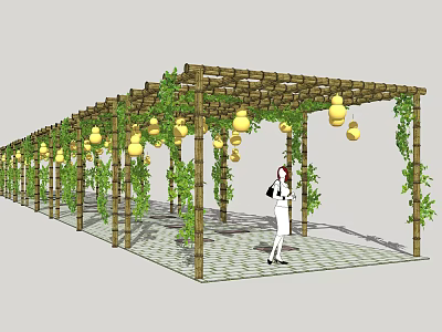 Garden Landscape Design With Wooden Pergola Climbing Vines And Hanging Yellow Gourds 3d model