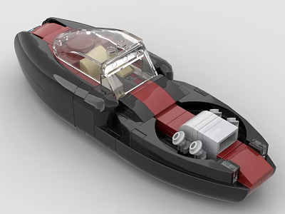 Black And Red Building Block Boat With Transparent Cabin And Engine Details 3d model