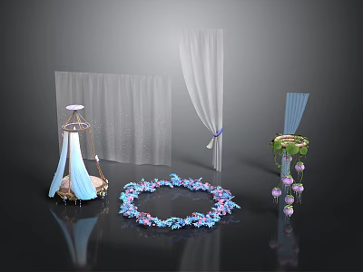 Decorative Scene Components With Transparent Curtains Hanging Rings Flower Wreath And Chandeliers 3d model