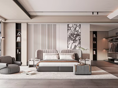 Modern Bedroom Interior Design With Upholstered Headboard Area Rug And Accent Chair 3d model