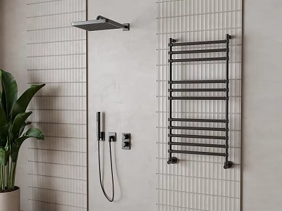 Modern Shower System with Handheld and Rainfall Head in Tiled Bathroom with Black Radiator 3d model