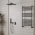 Modern Shower System with Handheld and Rainfall Head in Tiled Bathroom with Black Radiator