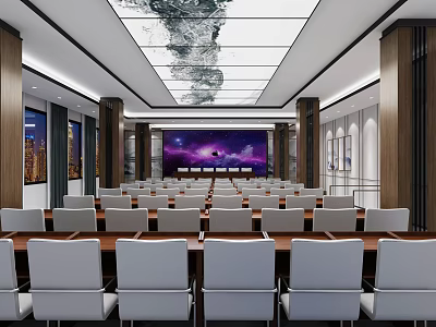 Modern Conference Room Interior With Large Screen White Chairs And Wooden Pillars 3d model