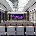 Modern Conference Room Interior With Large Screen White Chairs And Wooden Pillars