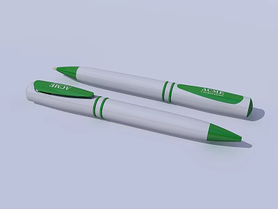 Two PILOT Pens with White Body and Green Cap and Tip Design 3d model Two PILOT Pens with White Body and Green Cap and Tip Design 3d model