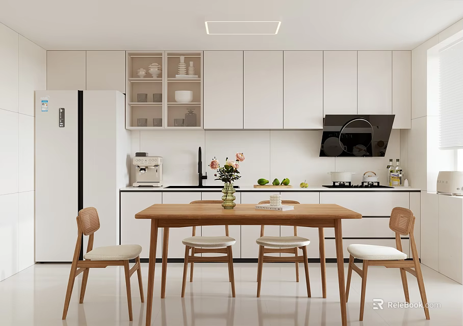 Modern Minimalist Kitchen Interior With White Cabinets Wooden Table Chairs Vase Fruits And Ceiling Light 3d model 