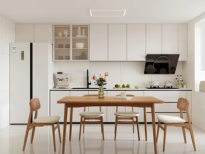 Modern Minimalist Kitchen Interior With White Cabinets Wooden Table Chairs Vase Fruits And Ceiling Light 3d model