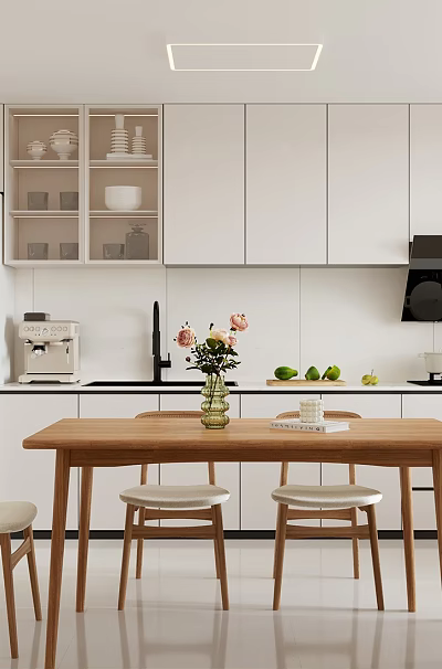 Modern Minimalist Kitchen Interior With White Cabinets Wooden Table Chairs Vase Fruits And Ceiling Light 3d model