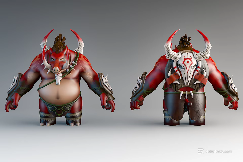 Mythical Game Character Front Back View With Horned Muscular Red White Armor 3d model 