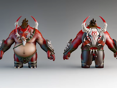 Mythical Game Character Front Back View With Horned Muscular Red White Armor 3d model